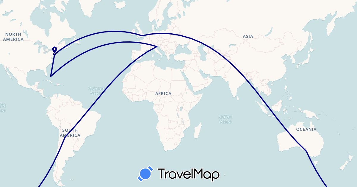 TravelMap itinerary: driving in Argentina, Australia, Bahamas, United Kingdom, Italy, United States (Europe, North America, Oceania, South America)